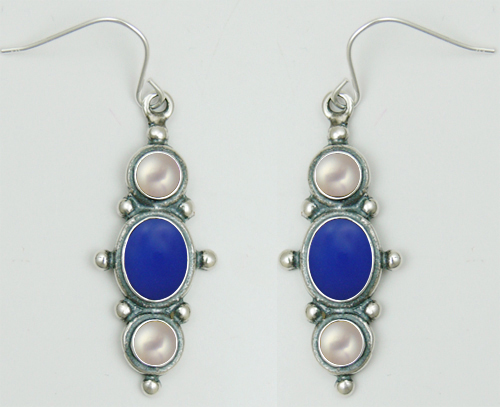 Sterling Silver Drop Dangle Earrings With Blue Onyx And Cultured Freshwater Pearl